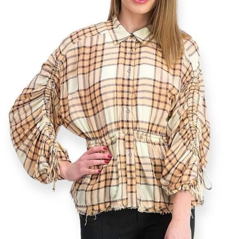 FREE PEOPLE NWT WE THE FREE‎ Pacific Dawn Drawstring Plaid Snap Shirt -size XS - Picture 10 of 10
